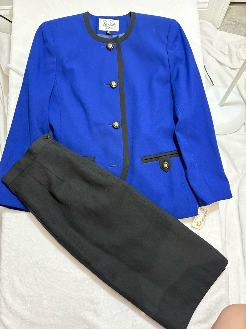 Le Suit Royal Blue Blazer with Black Trim and Black Skirt